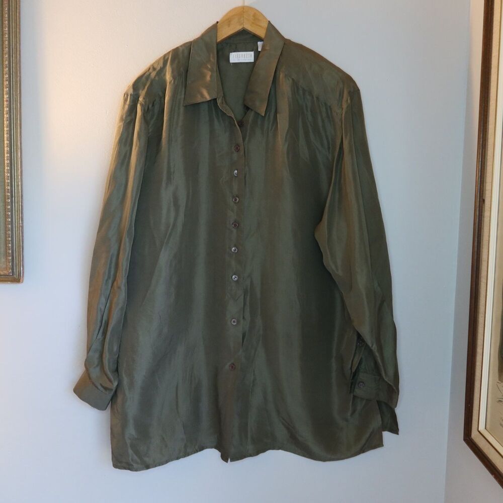 Elisabeth By Liz Claiborne Tunic Top Womens Size 16 Green Long Sleeve SILK y2k